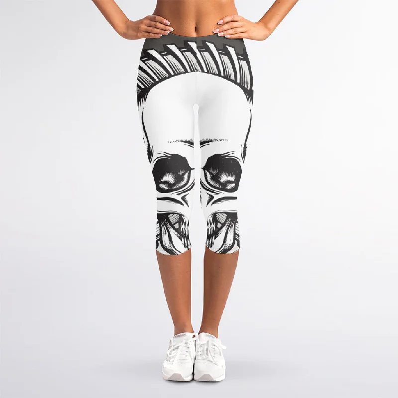 Special Price Cross Piston Mechanic Skull Print Women's Capri Leggings