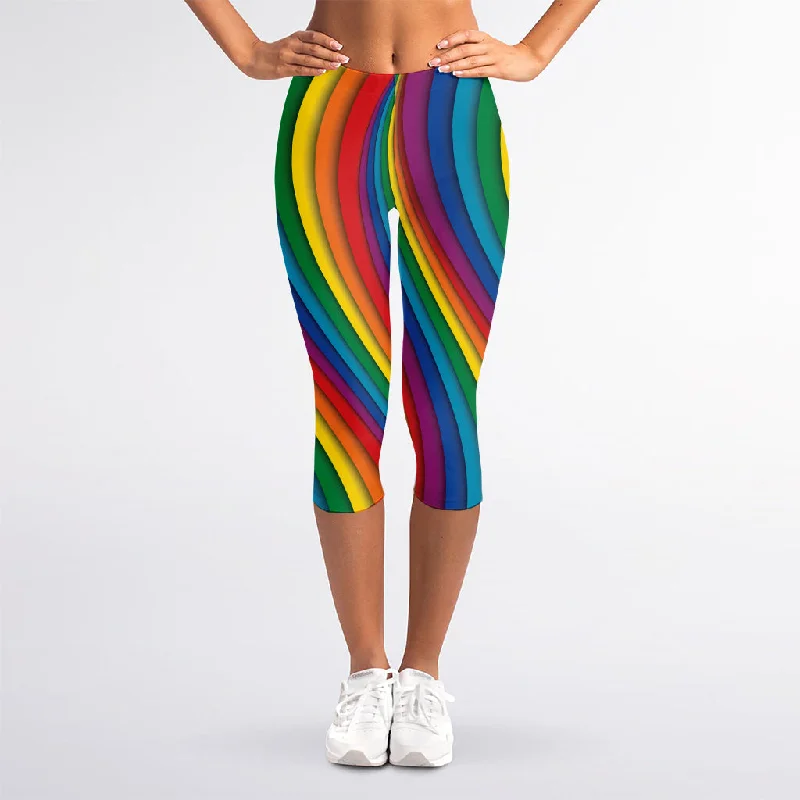 Price Reduction Curved Rainbow Pattern Print Women's Capri Leggings