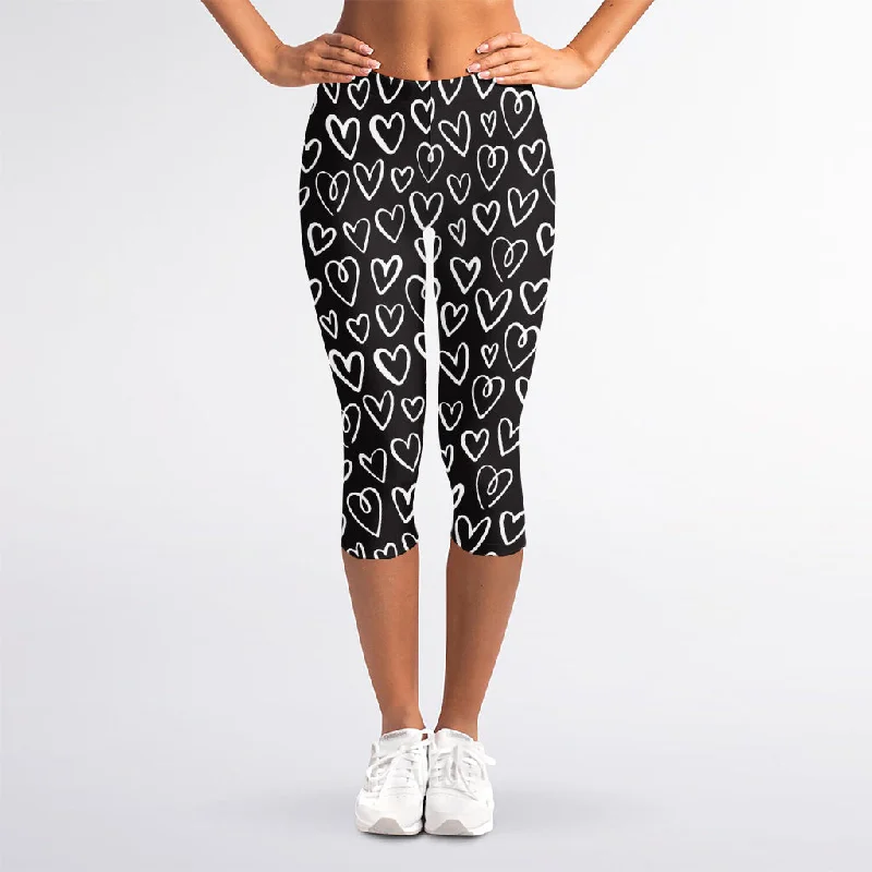 Daily Deals Cute Black And White Heart Pattern Print Women's Capri Leggings