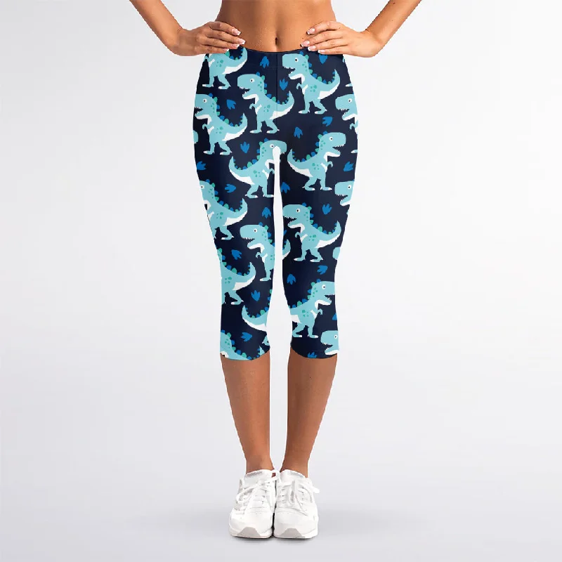 Amazing Deals Cute Blue T-Rex Dinosaur Pattern Print Women's Capri Leggings