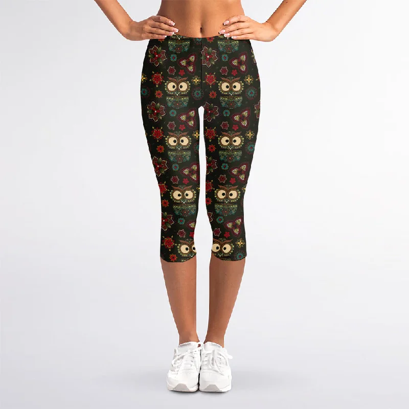 Daily Specials Cute Boho Owl Pattern Print Women's Capri Leggings