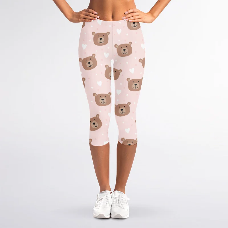 Extra Discounts Cute Brown Bear Pattern Print Women's Capri Leggings