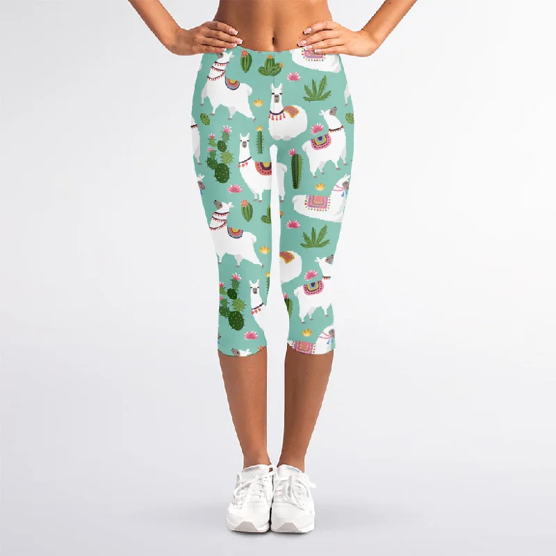 Incredible Offers Cute Cactus And Llama Pattern Print Women's Capri Leggings