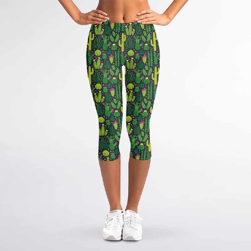 Can't Be Beat Cute Cactus Plant Pattern Print Women's Capri Leggings