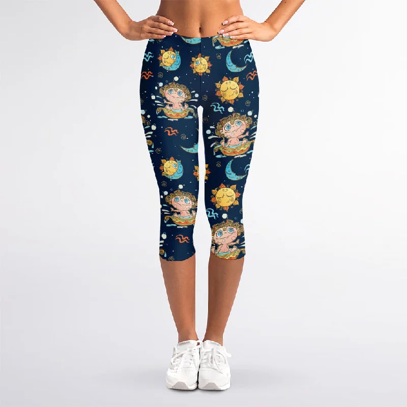 YEAR-End Sale Cute Cartoon Aquarius Pattern Print Women's Capri Leggings
