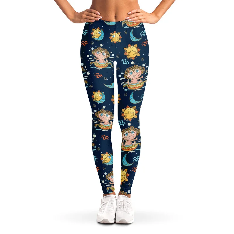 Hurry In Cute Cartoon Aquarius Pattern Print Women's Leggings