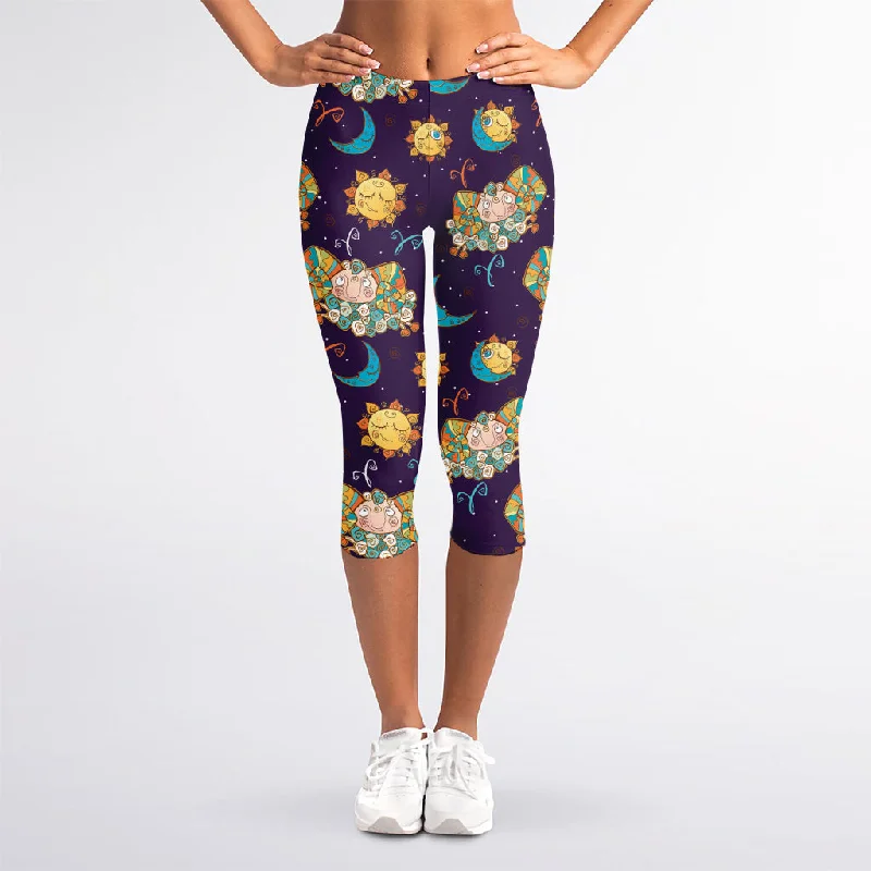 Value Deals Cute Cartoon Aries Pattern Print Women's Capri Leggings