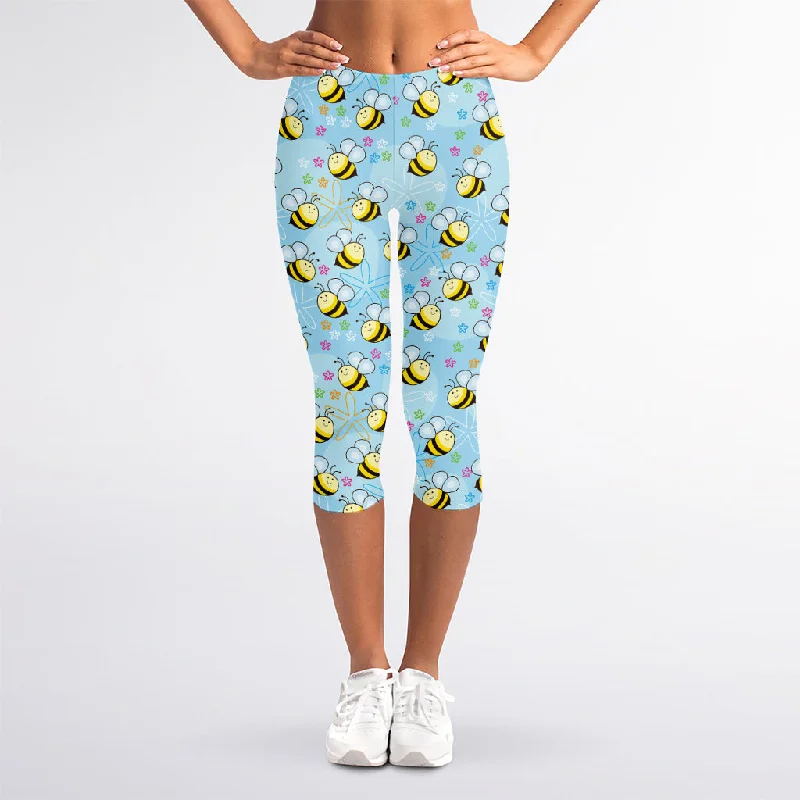 Stock Clearance Cute Cartoon Bee Pattern Print Women's Capri Leggings