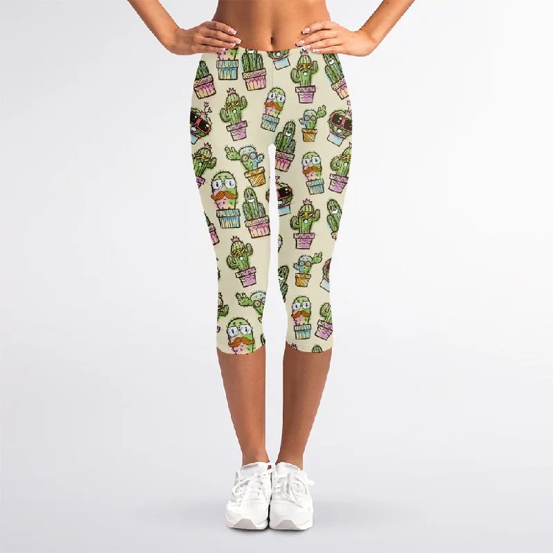 Shop and Save Cute Cartoon Cactus Pattern Print Women's Capri Leggings
