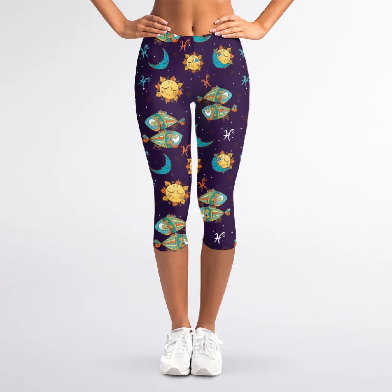 Instant Discount Cute Cartoon Pisces Pattern Print Women's Capri Leggings