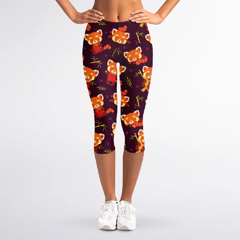 Don't Wait Cute Cartoon Red Panda Pattern Print Women's Capri Leggings