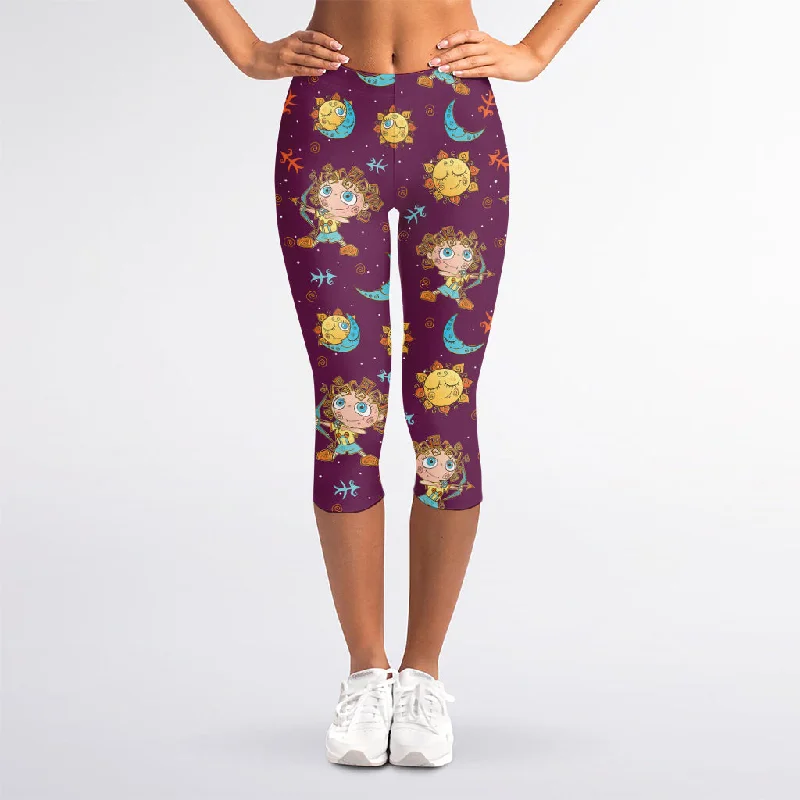 Final Clearance Cute Cartoon Sagittarius Pattern Print Women's Capri Leggings