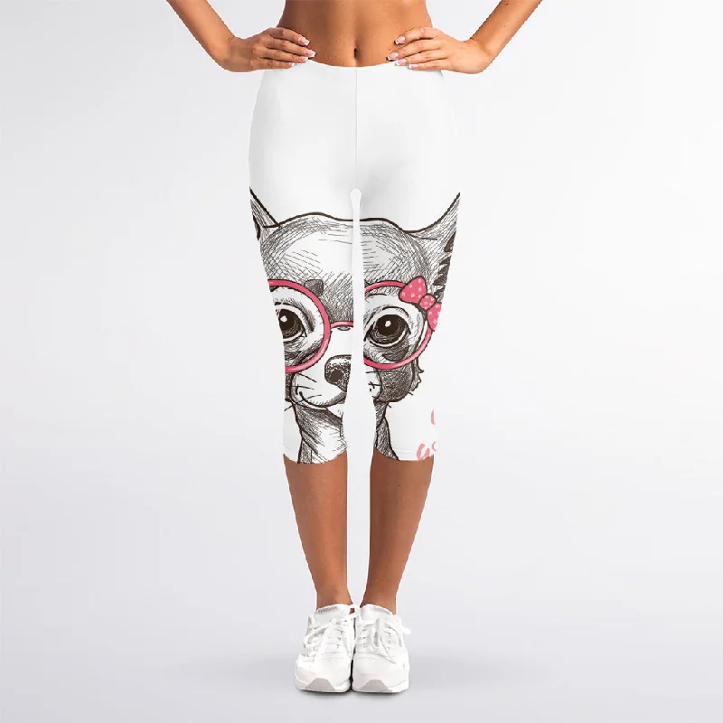 Closeout Cute Chihuahua With Glasses Print Women's Capri Leggings