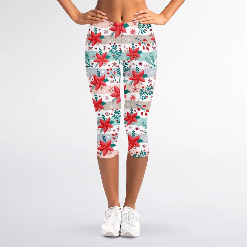 Price Buster Cute Christmas Poinsettia Pattern Print Women's Capri Leggings