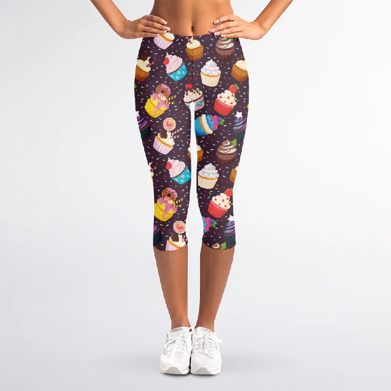 Instant Savings Cute Cupcake Pattern Print Women's Capri Leggings