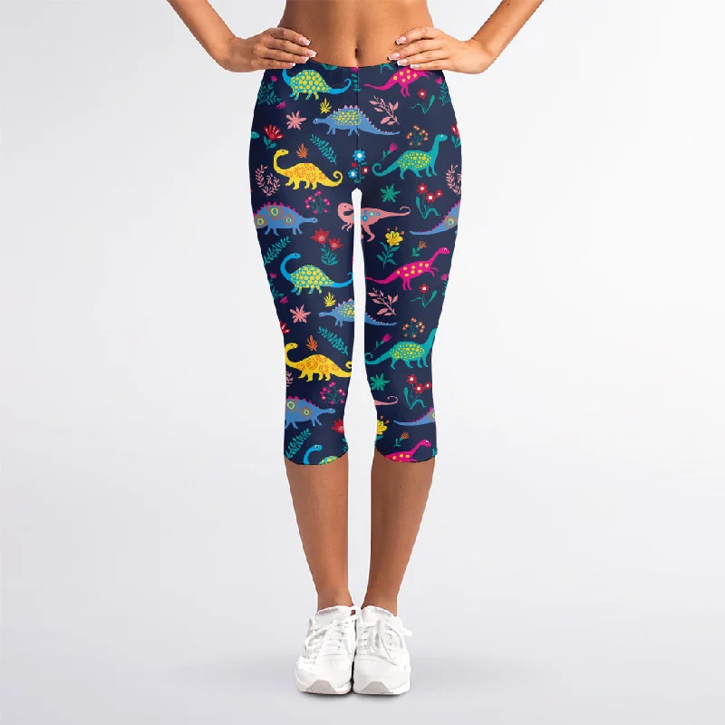Year-End Sale Cute Dino Floral Pattern Print Women's Capri Leggings