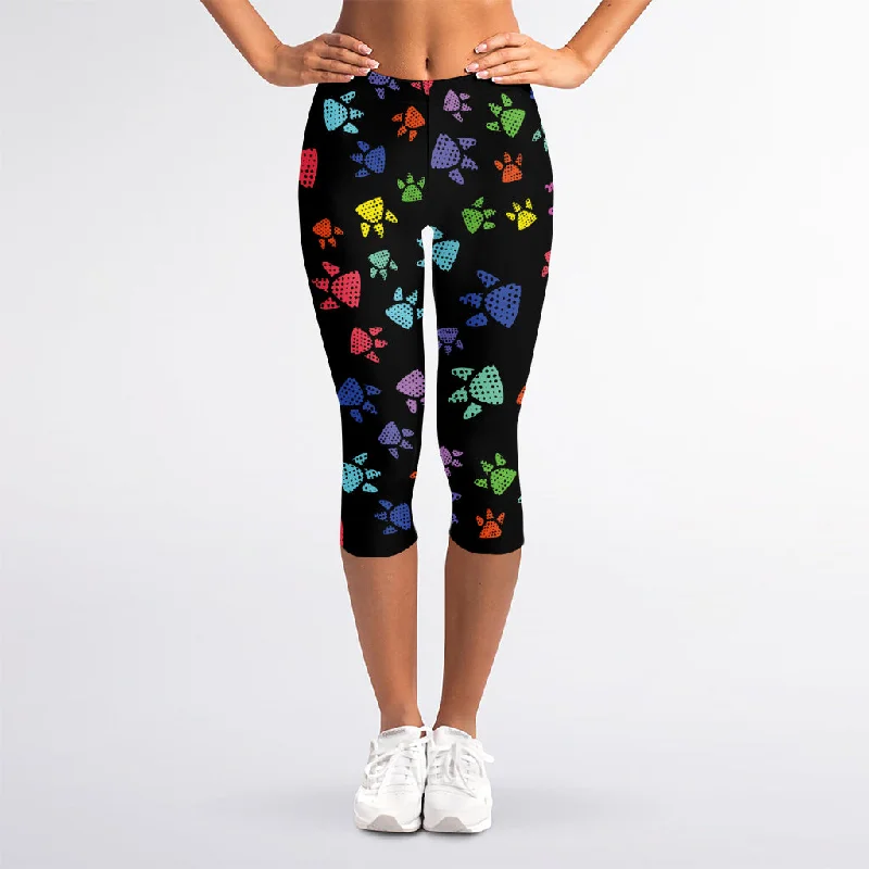 Get It Before It’s Gone Cute Dino Footprint Pattern Print Women's Capri Leggings
