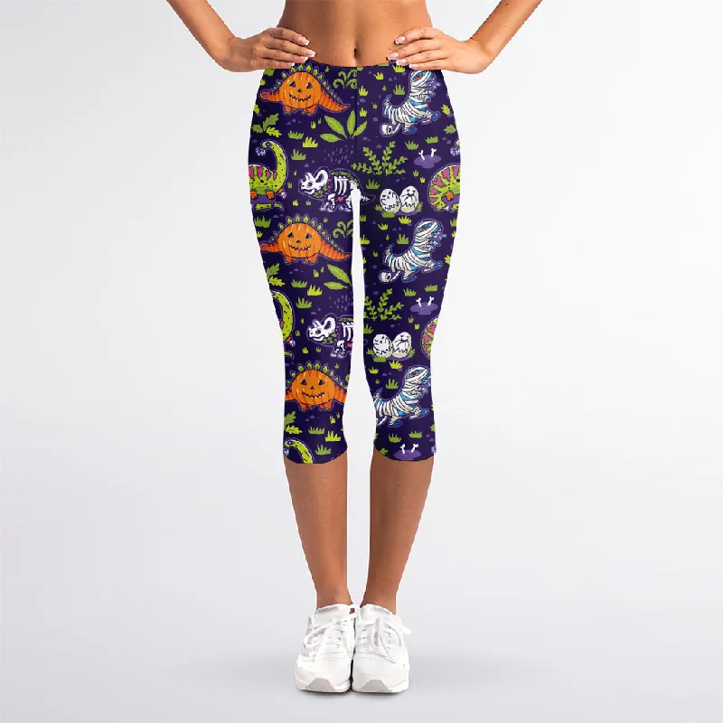 Midnight Sale Cute Dino Halloween Pattern Print Women's Capri Leggings
