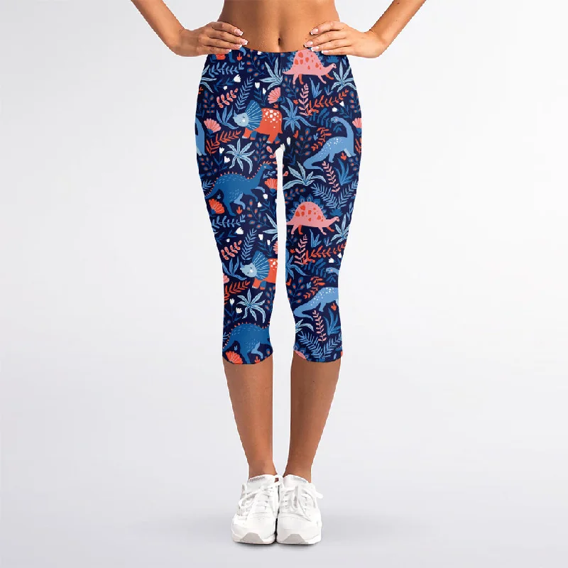 Don’t Miss Out Cute Dino Leaves And Flowers Print Women's Capri Leggings