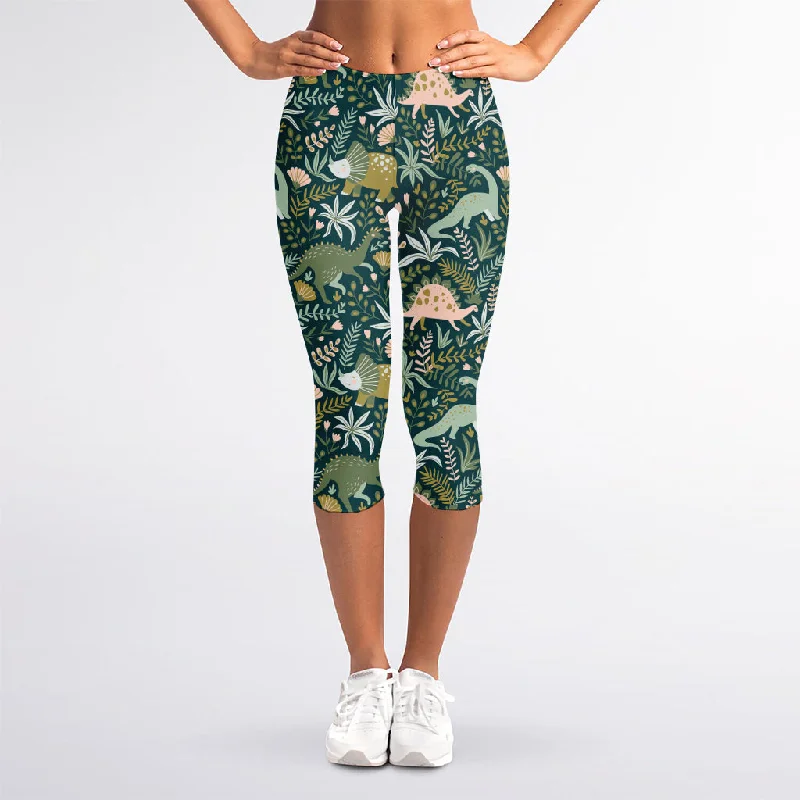 Price Drop Cute Dino Tropical Leaves Pattern Print Women's Capri Leggings