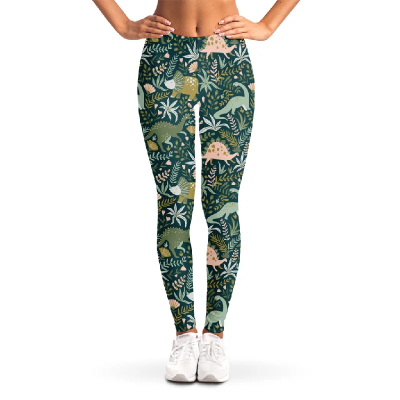 Deal Alert Cute Dino Tropical Leaves Pattern Print Women's Leggings