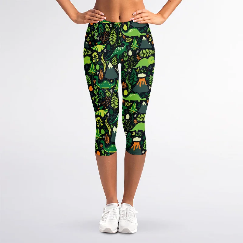 Seasonal Sale Cute Dinosaur And Floral Pattern Print Women's Capri Leggings