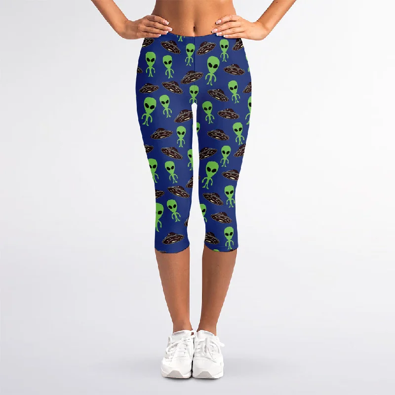 Today’s Deal Cute Green Alien UFO Print Women's Capri Leggings