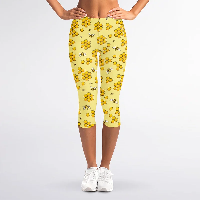 Instant Discount Cute Honey Bee Pattern Print Women's Capri Leggings