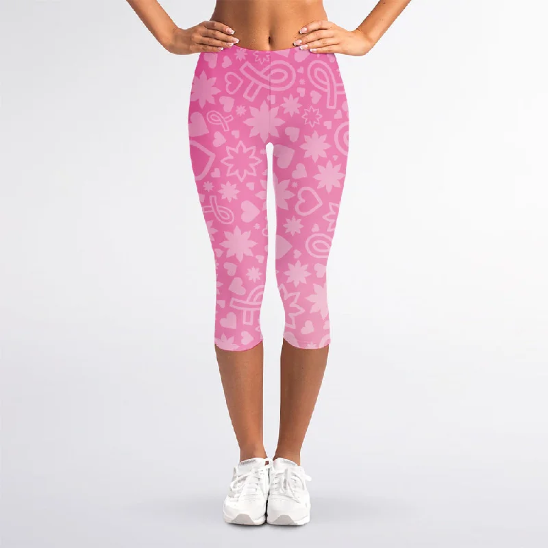 Price Reduction Cute Pink Breast Cancer Pattern Print Women's Capri Leggings