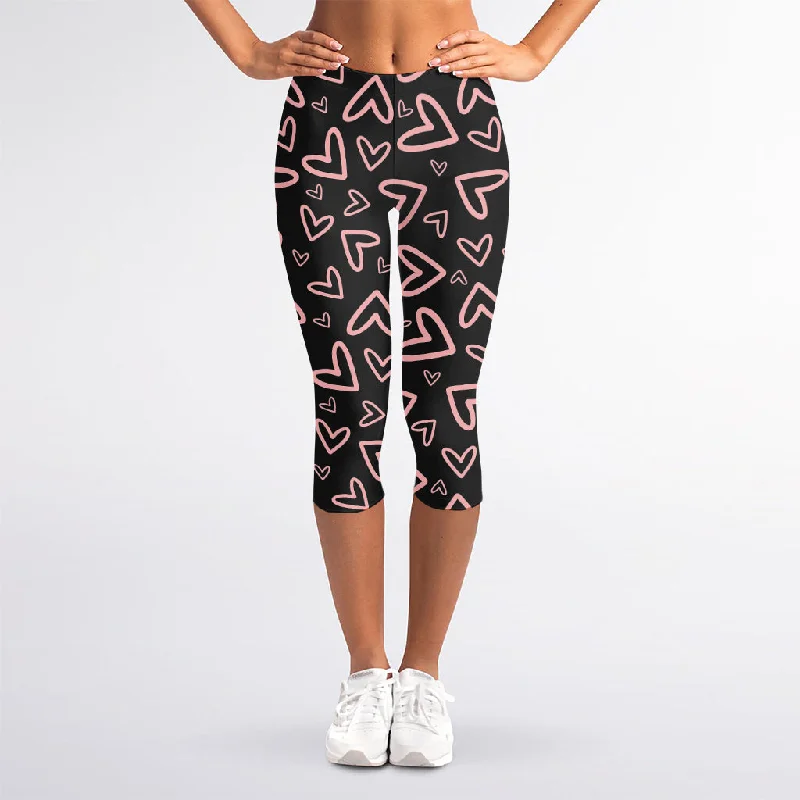 Online Only Cute Pink Heart Pattern Print Women's Capri Leggings