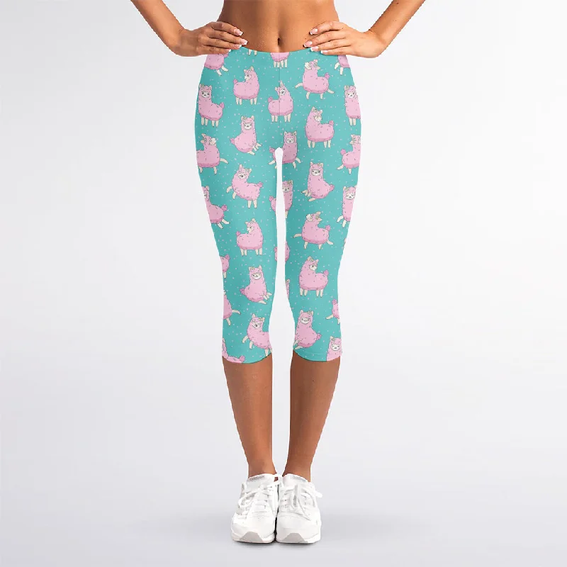 New Markdowns Cute Pink Llama Pattern Print Women's Capri Leggings