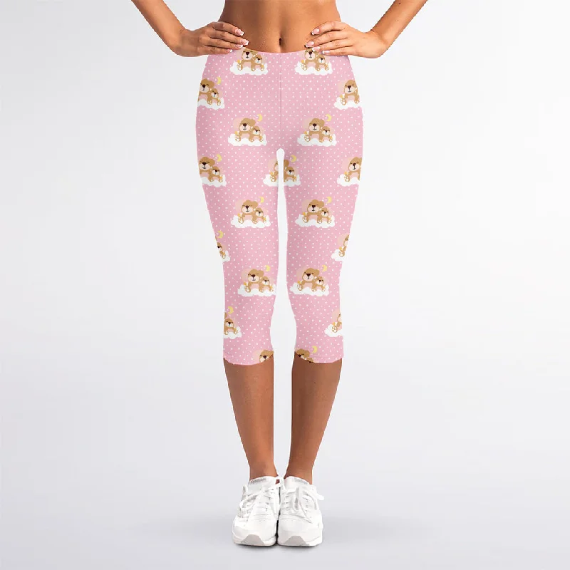 Final Clearance Cute Polka Dot Baby Bear Pattern Print Women's Capri Leggings