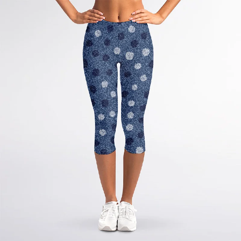 Don't Wait Cute Polka Dot Denim Jeans Pattern Print Women's Capri Leggings