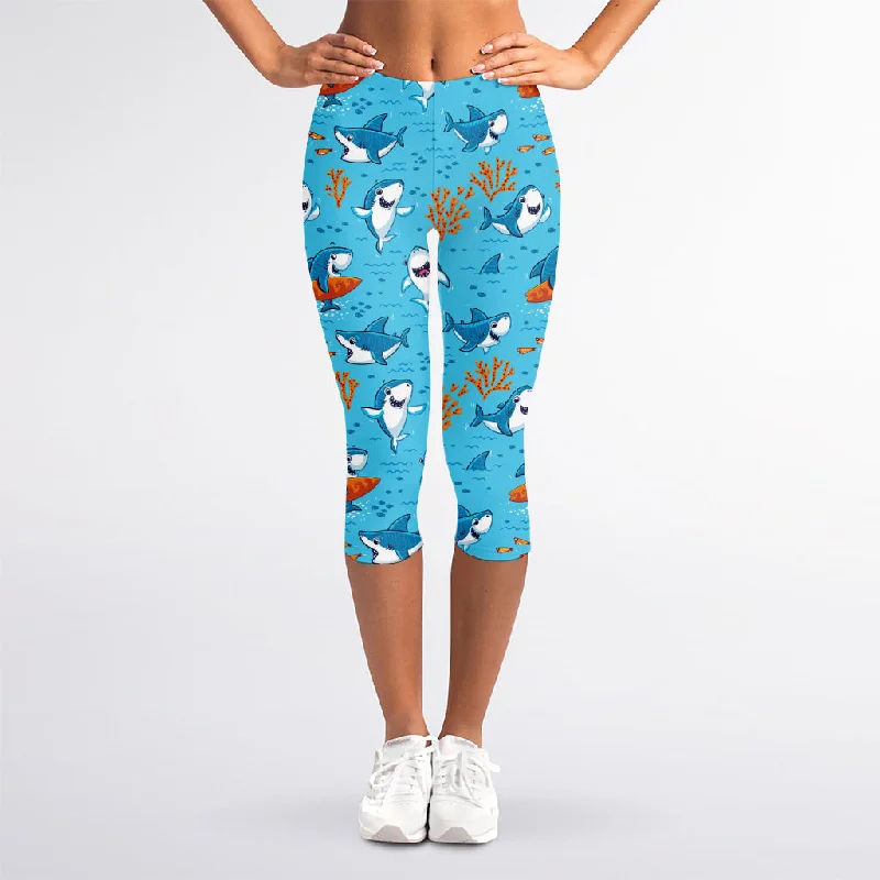 Referral Discount Cute Shark Pattern Print Women's Capri Leggings