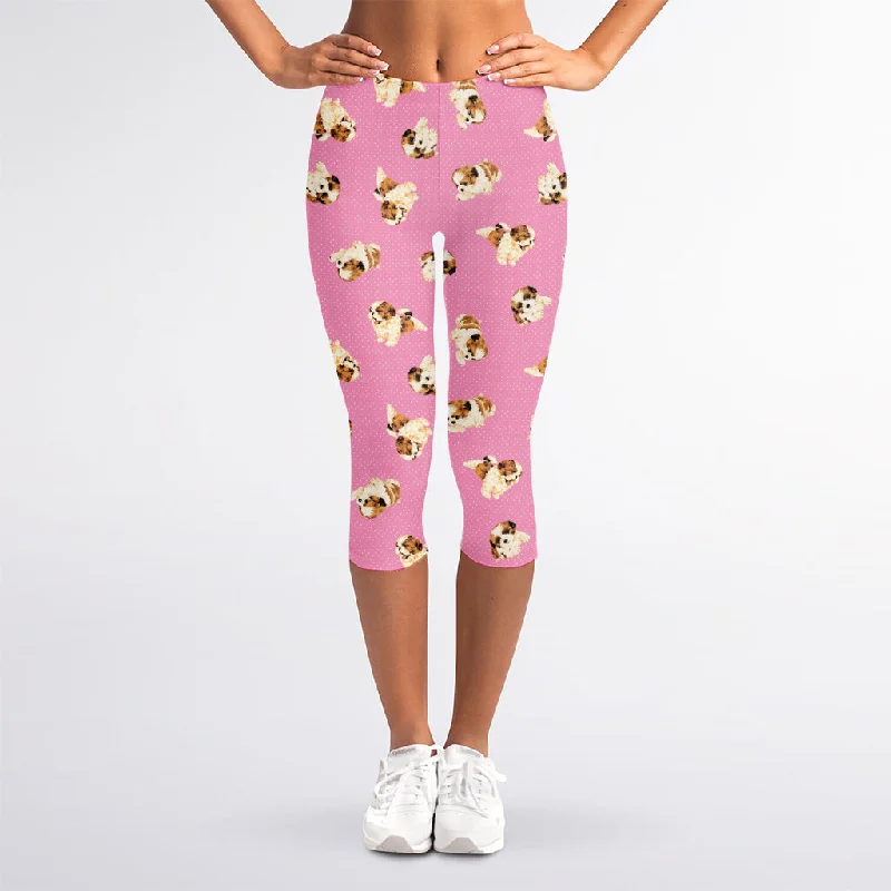 Exclusive Preview Cute Shih Tzu Pattern Print Women's Capri Leggings