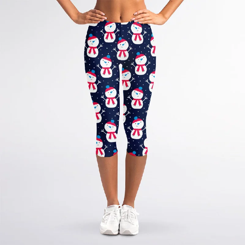 Last Chance Cute Snowman Pattern Print Women's Capri Leggings
