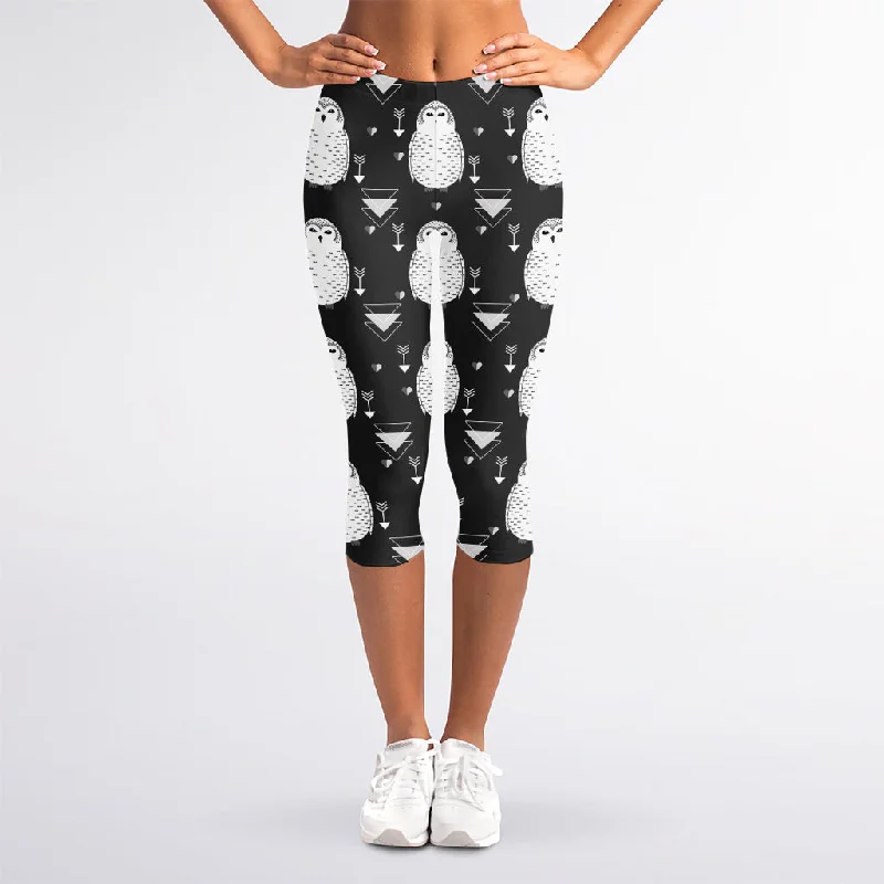 Unbeatable Prices Cute White And Grey Owl Pattern Print Women's Capri Leggings