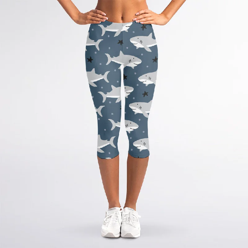 The Best Prices Cute White Shark Pattern Print Women's Capri Leggings