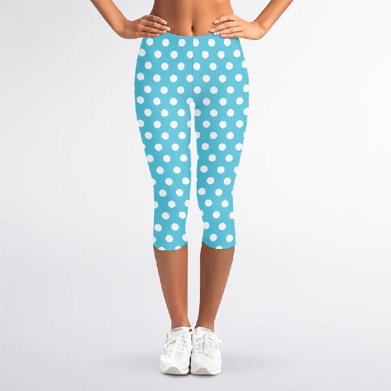 Price Rollback Cyan And White Polka Dot Pattern Print Women's Capri Leggings
