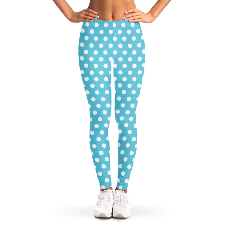 Price Slash Cyan And White Polka Dot Pattern Print Women's Leggings