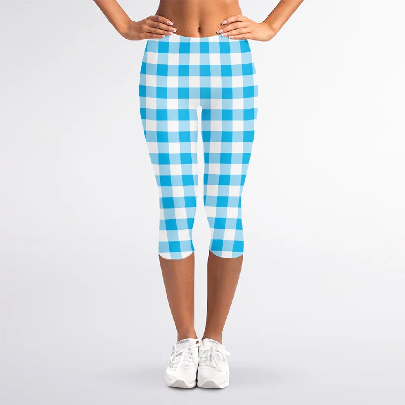 Sale Event Cyan Blue And White Gingham Print Women's Capri Leggings