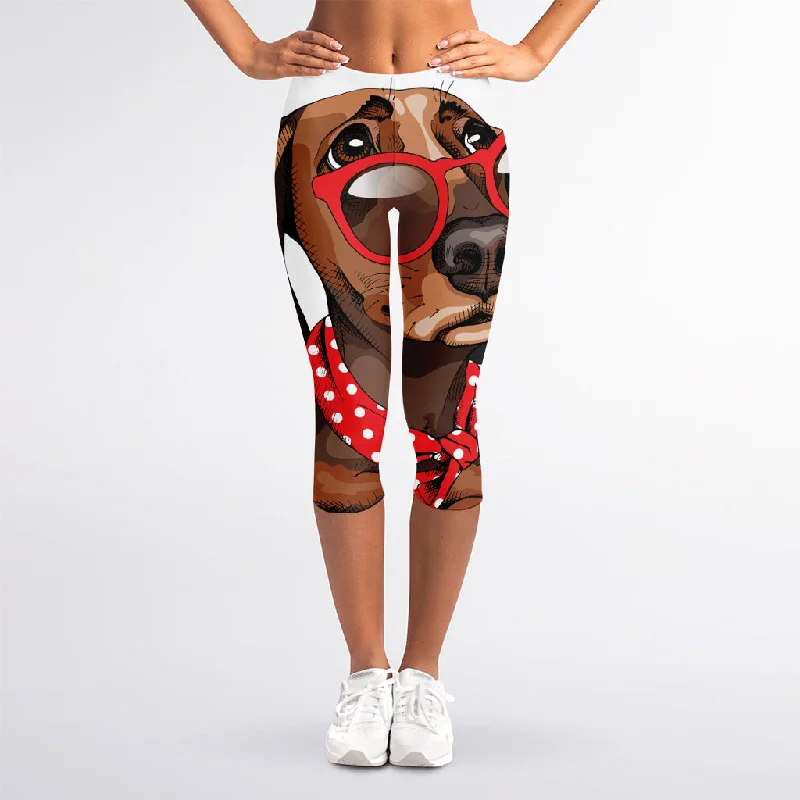 Overstock Dachshund With Red Sunglasses Print Women's Capri Leggings
