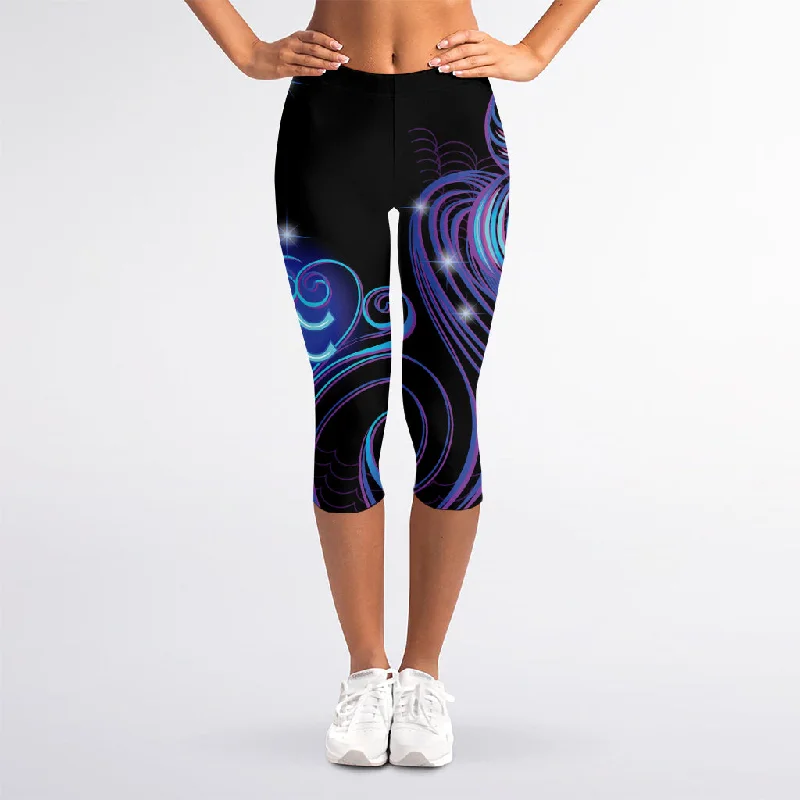 Epic Deals Dark Aquarius Zodiac Sign Print Women's Capri Leggings