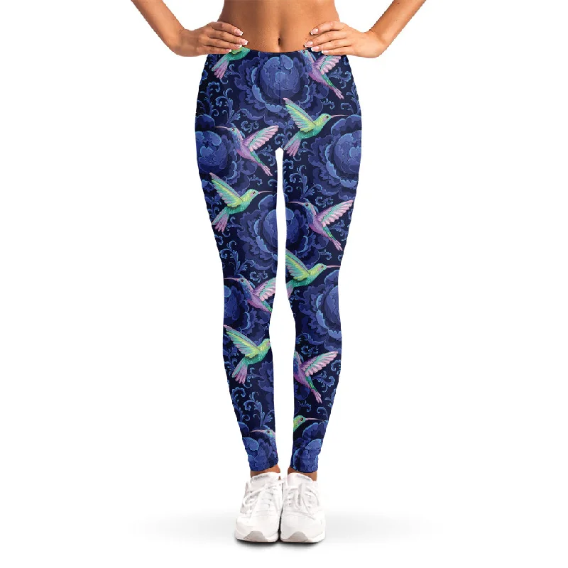 Clearance Sale Dark Blue Floral Hummingbird Print Women's Leggings