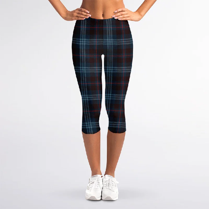 Online Specials Dark Blue Tartan Pattern Print Women's Capri Leggings