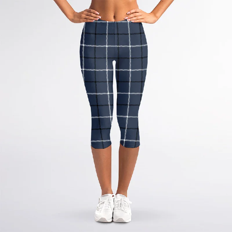 Crazy Savings Dark Blue Tattersall Pattern Print Women's Capri Leggings