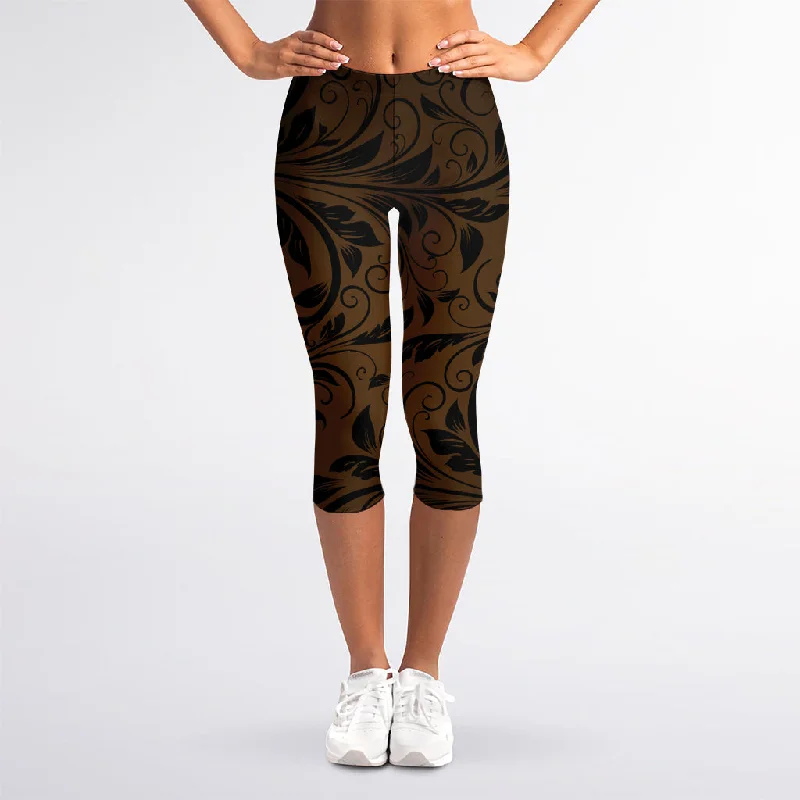 YEAR-End Clearance Dark Brown Western Damask Print Women's Capri Leggings