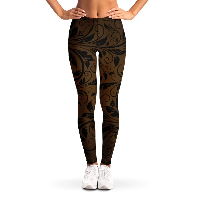 New Deals Dark Brown Western Damask Print Women's Leggings