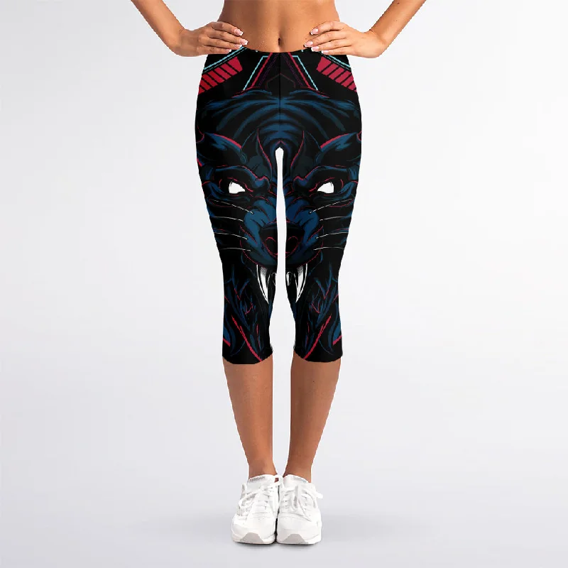 Best Deals Dark Geometric Wolf Print Women's Capri Leggings