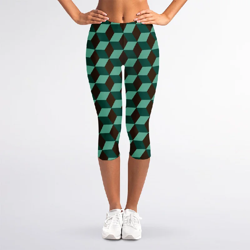 Unmissable Offer Dark Green Geometric Cube Pattern Print Women's Capri Leggings